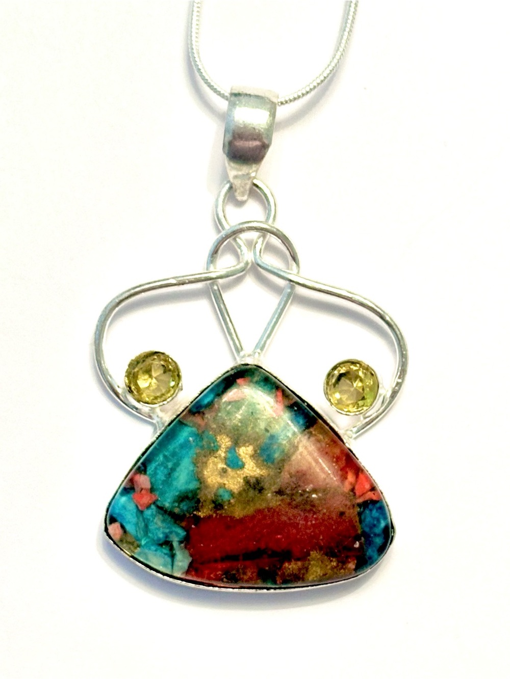 Pretty, 2inch, 925 marked, Oyster Turquoise, and citrine pendant on silver chain